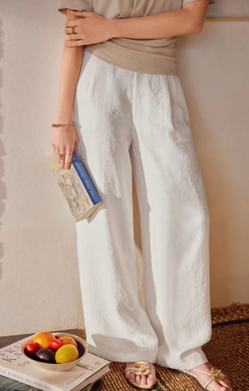 New OGL L Viscose-Linen Weave Breezy Linen Mid Rise Wide Leg Pant with Pockets